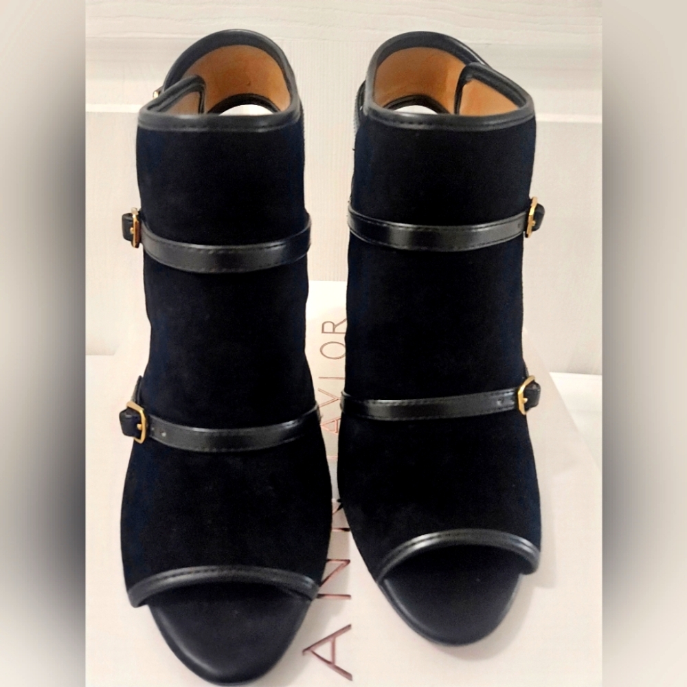 Ann Taylor Black Ankle Booties with Open Toe and Gold Accents - Picture 3 of 6